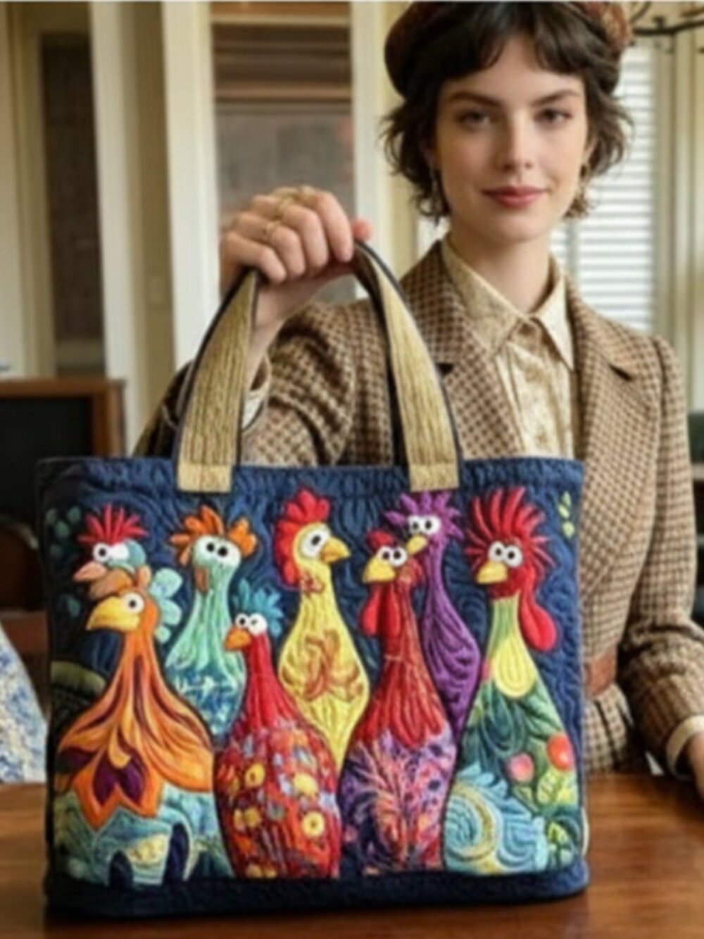 NNWT Colorful Quilted Chicken Tote Bag Whimsical Hen Printed Pattern Handbag - Picture 2 of 5